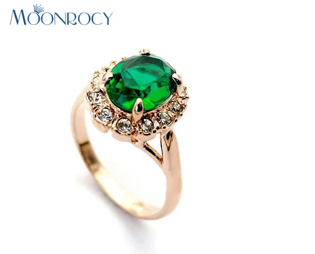

MOONROCY Free Shipping fashion jewelry Cubic Zirconia rose Gold Color Green Crystal Rings Fashion Ring for women gift