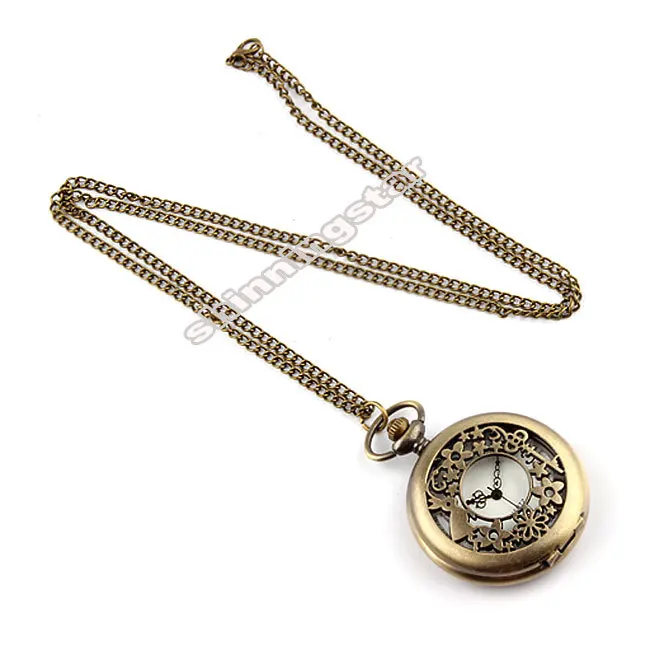 

Dropshipping Bronze Rabbit Key Flower Hollow Quartz Pocket Watch Necklace Pendant Chain P101 relogio de bolso