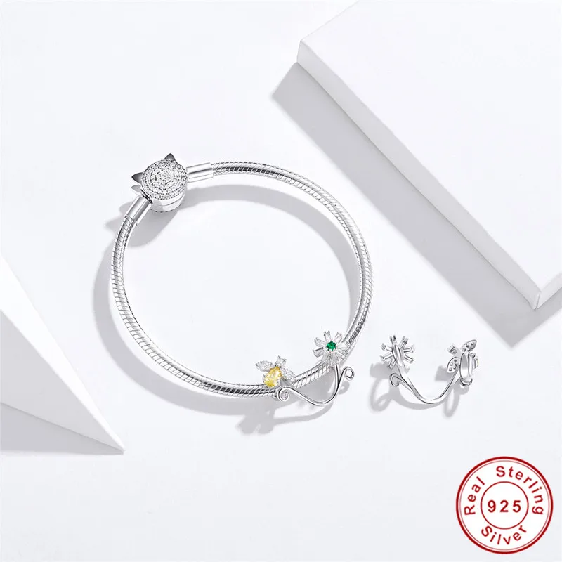 fit Pandora Bracelet Silver 925 Original CZ Daisy Honeybee Beads s925 Yellow Bee Green CZ Flower Bangles Charms Jewelry Making