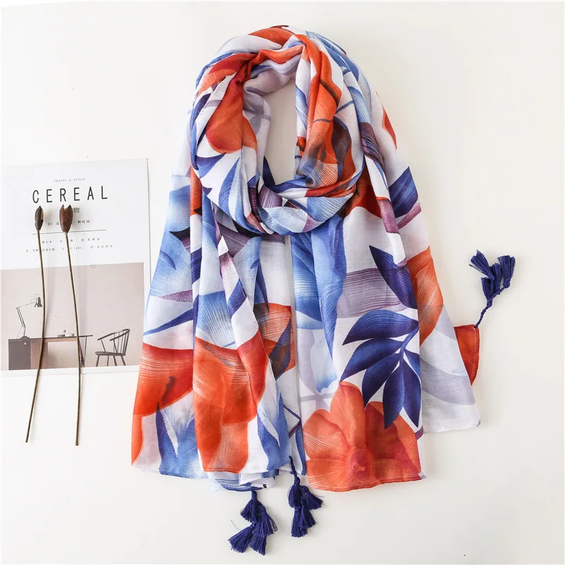 Marte Joven Orange and Blue Big Leaf Print Scarves Women Elegant Summer Sunscreen Beach Wrap Long Shawl for Ladies | Аксессуары для