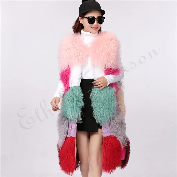 Color 2 Новинка, 100 см, длинный мех монгольского ягнёнка, жилет с кроличьим мехом, толстый дизайн с павлином, короткая женская куртка-парка - Цвет: Color 2