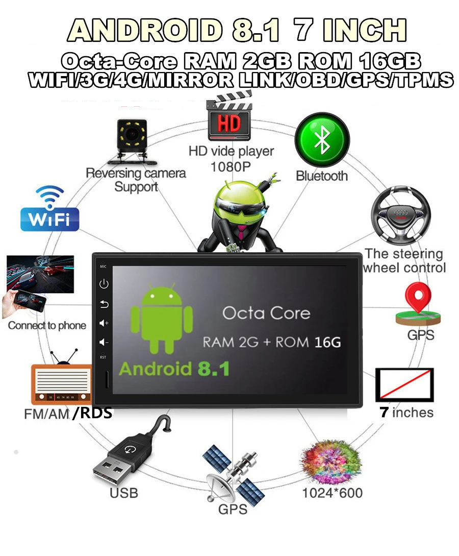 Универсальный " 1DIN Android 8,1 1080P сенсорный экран Восьмиядерный 2 Гб ОЗУ 16 Гб ПЗУ автомобильный стерео радио gps Wifi RDS 3g 4G BT MirrorLink