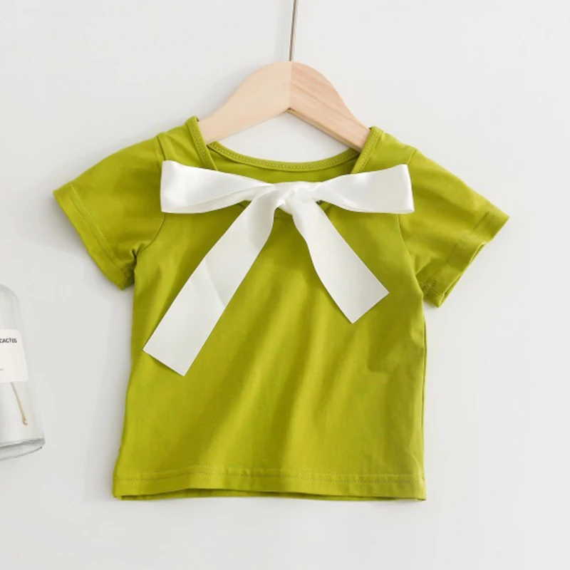 AmyaBaby/топы для девочек лето 2019 Однотонная футболка с бантом модная одежда