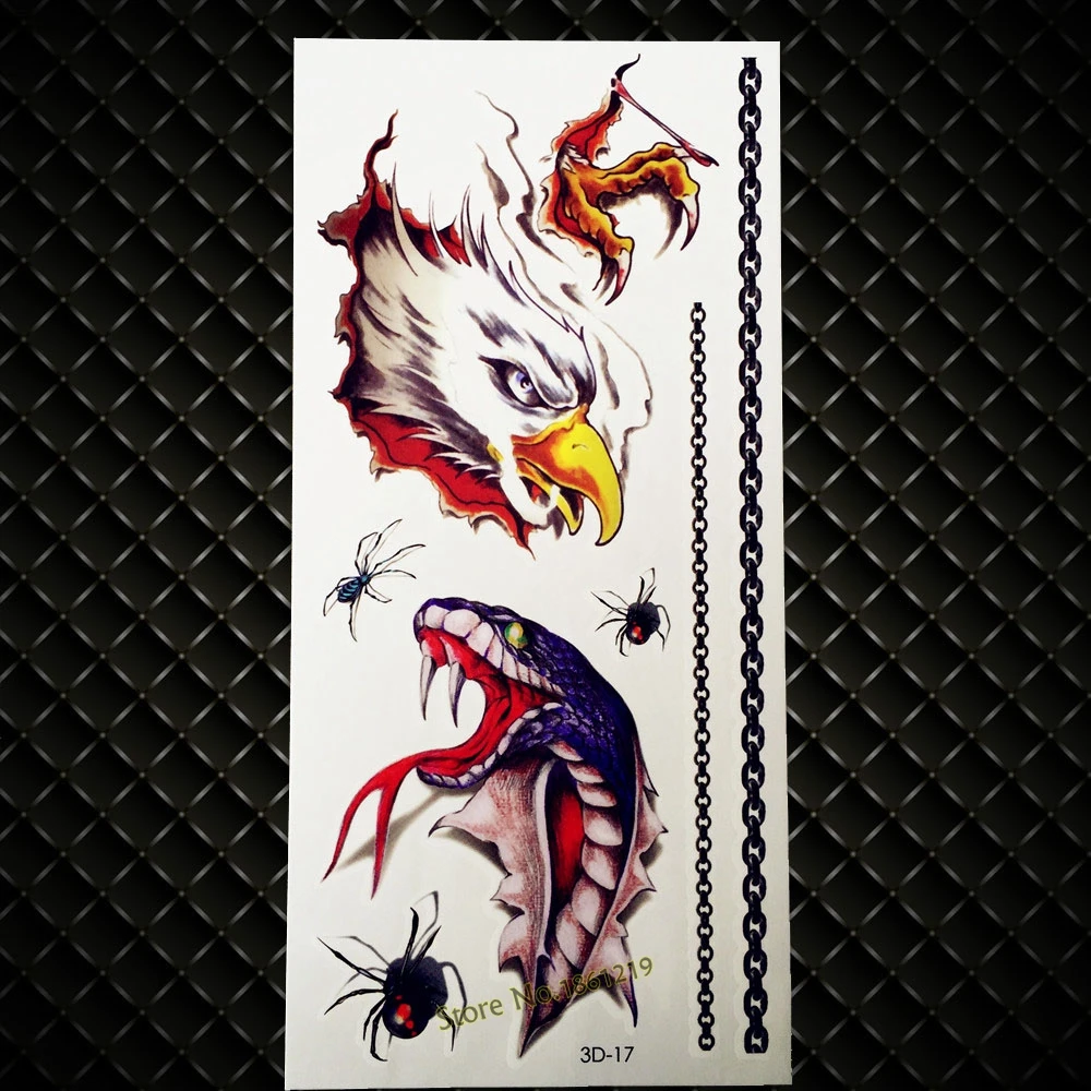 

New Waterproof 3D Tattoo Vivid Body Art Ferocious Eagle Cobra Snake Claw Spider Design Men Women Temporary Tattoo Sticker G3D17