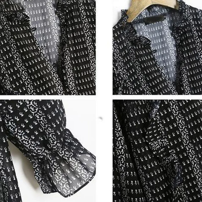 

Women Vintage Chiffon V-Neck Long Sleeve Blouse Flare Sleeve Temperament Plaid Print Loose Blouse Plus Size Shirts