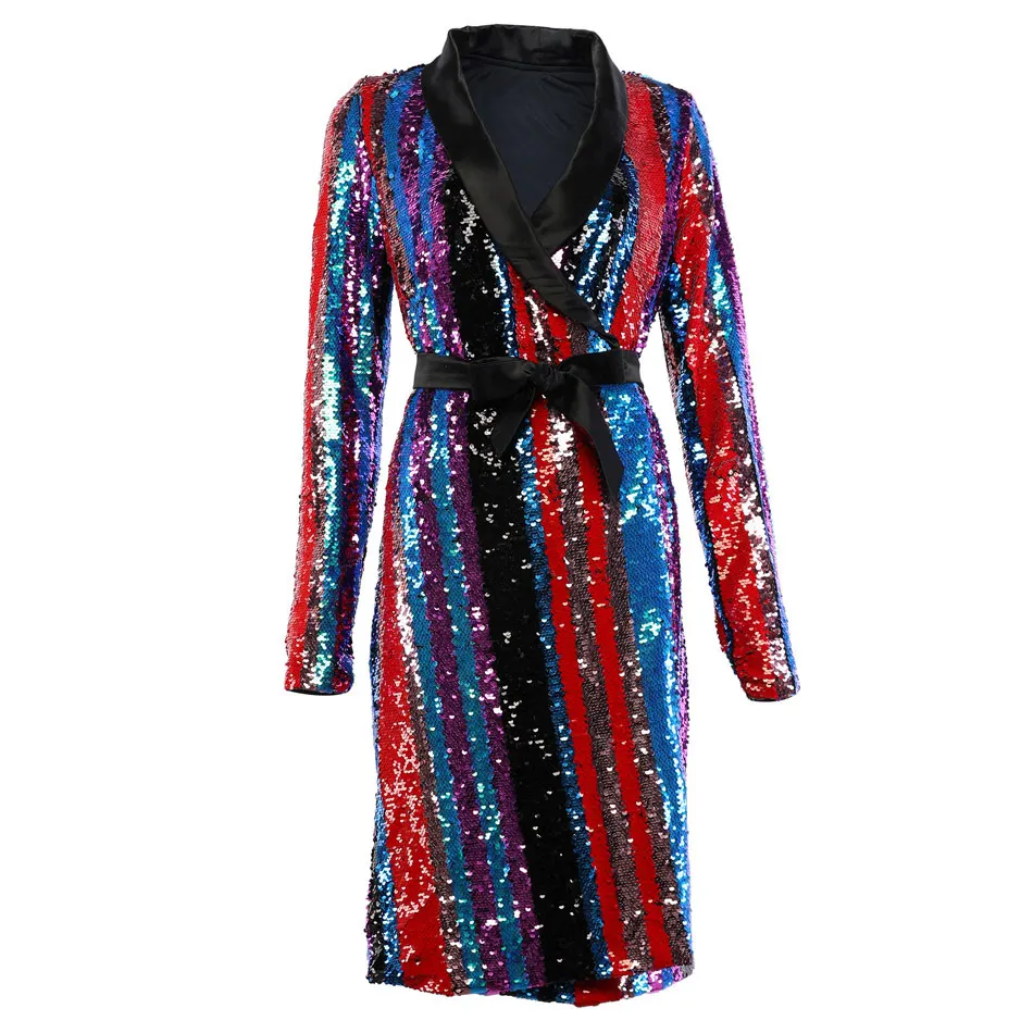 red sequin mini Kat Graham/Радужное платье с пайетками; модное платье с глубоким v-образным вырезом и длинным рукавом; разноцветное платье в полоску с поясом; элегантное платье миди с запахом - Цвет: red sequin mini
