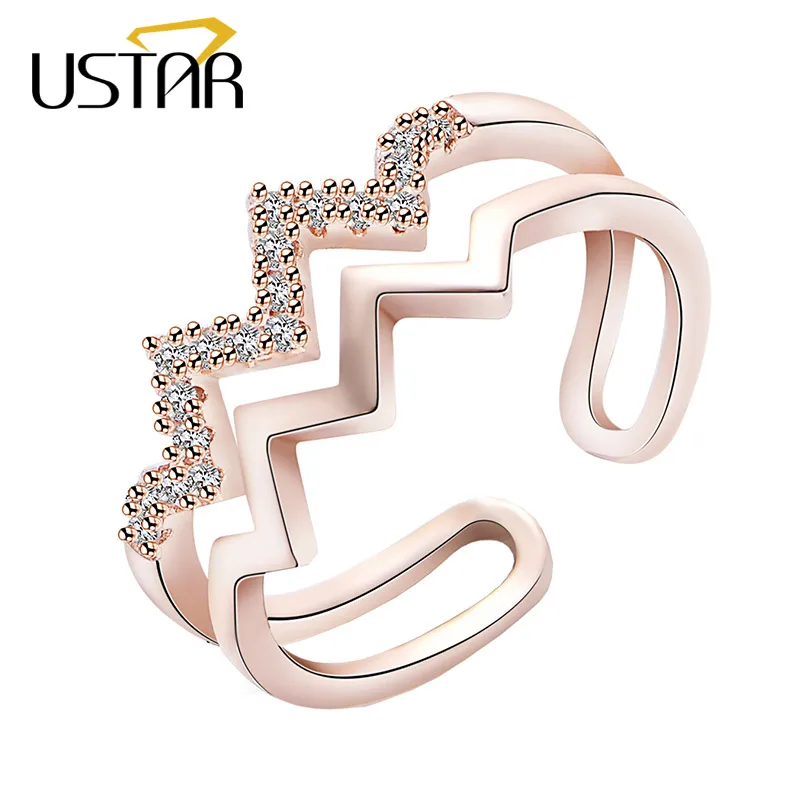 

USTAR Simple Geometric Twisty Crystals wedding Rings for women finger midi rings female Jewelry Anel Opening adjustable size