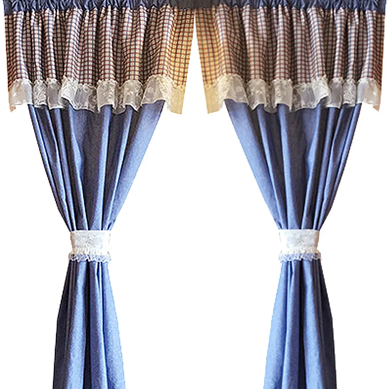 Американский стиль полузанавес светильник синяя клетчатая джинсовая Короткая