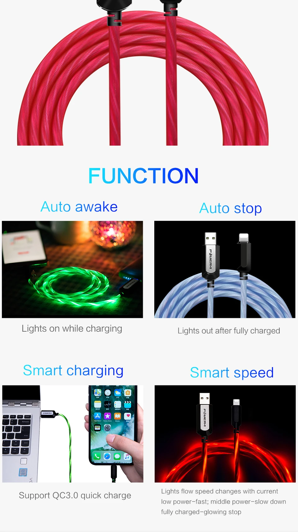 Power4 USB кабель для iPhone со светящимся светодиодный шнур для зарядки USB-C для Lightning Apple светодиодный Micro USB кабель для Android