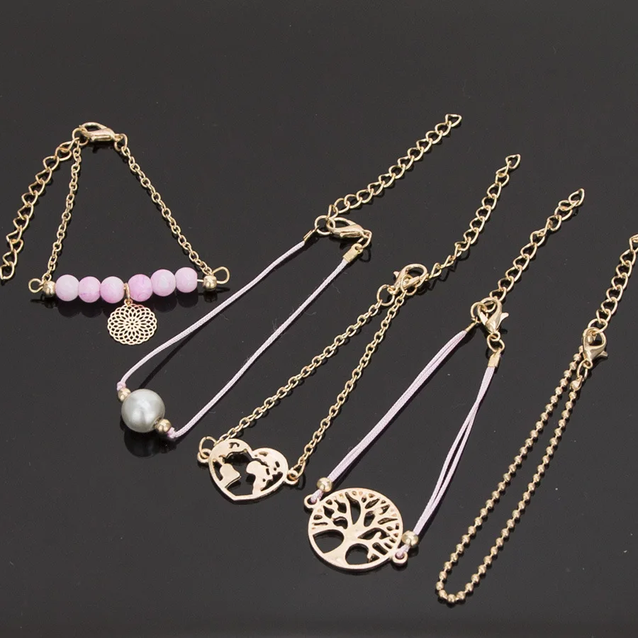 Bohemian Pink Stone Beads Pearl Bracelet Set For Women Trees Of Life Heart Map Bangles Femme Jewelry Gift | Украшения и