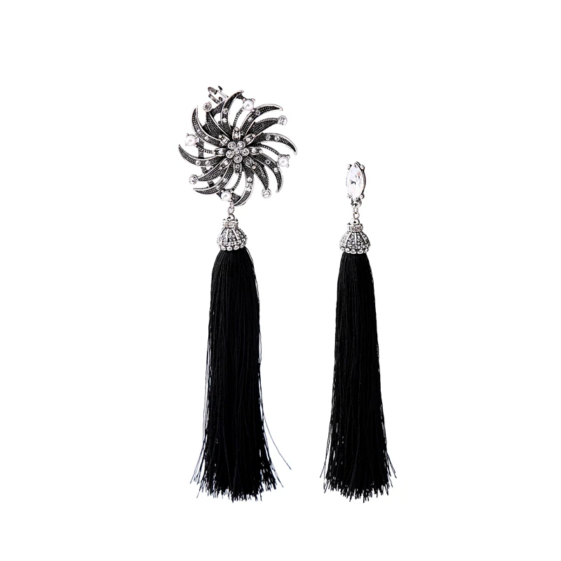 Черные/синие Асимметричные Длинные серьги в стиле ретро с цветком и кисточками