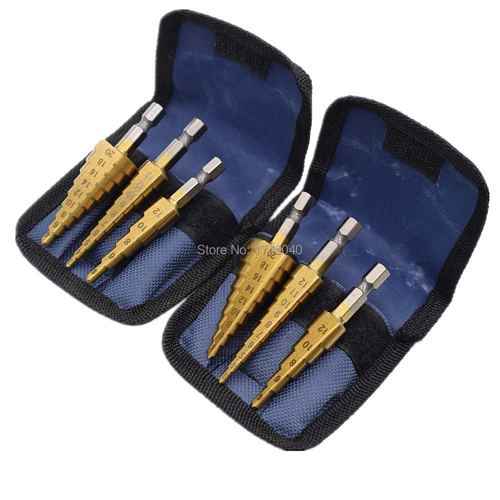 

6pcs Step Cone Drill Bit 3-12mm 4-12mm 4-20mm HSS Titanium Metric Drill Bit 1/4" Hex Shank Metal Drilling Hole Cutter Tool Set