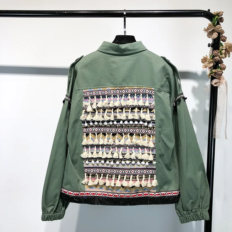 WHITNEY WANG 2018 Autumn Fashion Streetwear Vintage BF Style Embroidery Tassel Jacket Coat Women Stylish Outerwear WW-2655 | Женская