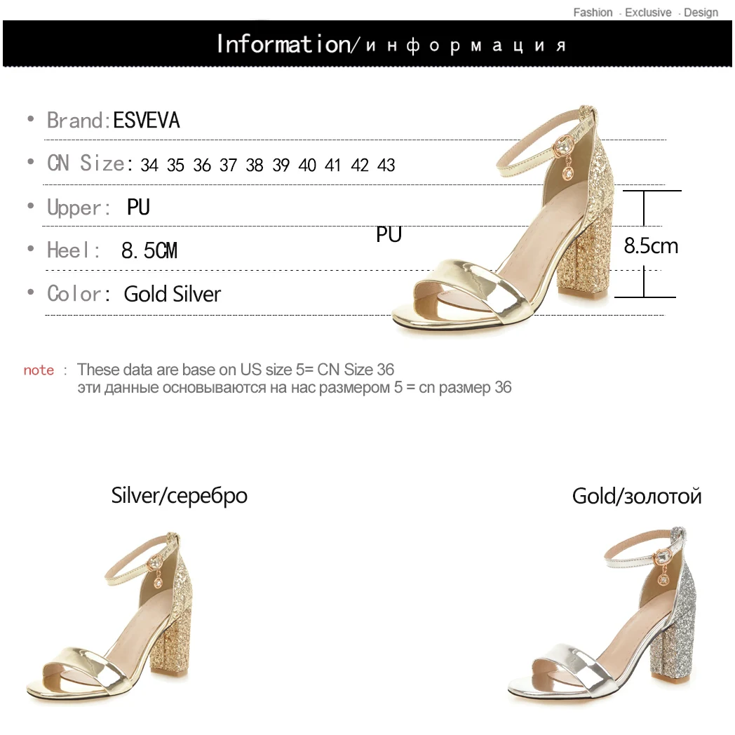 

ESVEVA 2020 Women Sandals Sequined Square High Heel PU Leather Ankle Strap Bead Buckle Wedding Pumps Elegant Summer Size 34-43