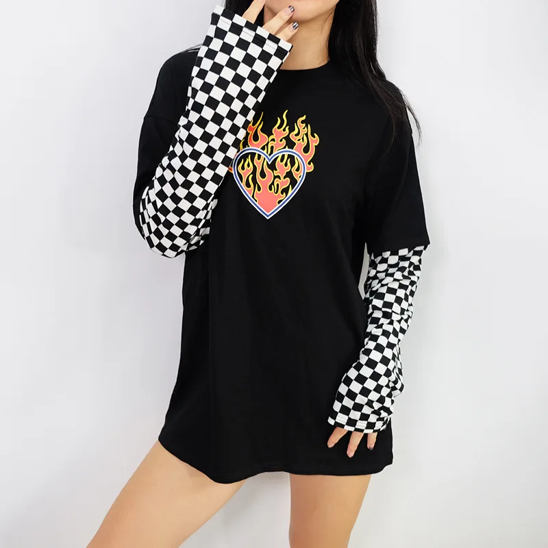 NEW Spring Autumn Plaid Patchwork Long Sleeve Flaming Heart Print Sweatshirt Hoodie Women Black Checkboard Pullover Hoodies | Женская