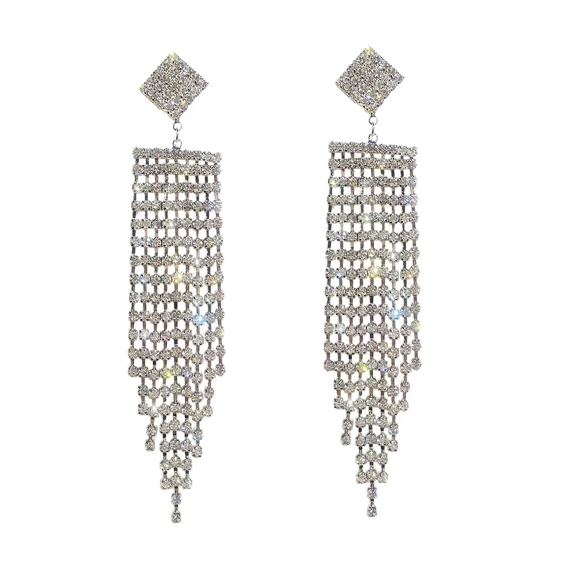 Luxury Geometric Rhinestone Earrings for Women Shiny Gold Silver Color Long Tassel Wedding Party Jewelry Bijoux | Украшения и