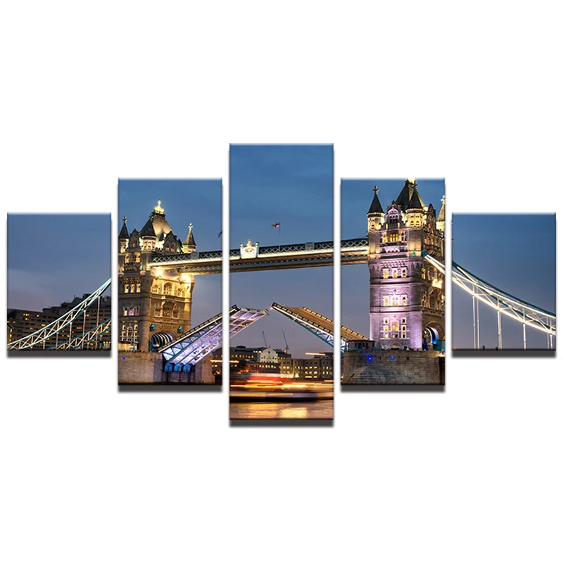 Painting Modern Room Decor Pictures Wall Art Canvas Oil 5 Panel London Tower Bridge Night Landscape Home | Дом и сад