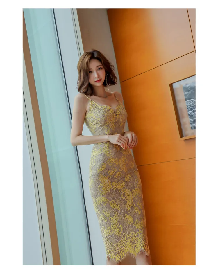 Sexy Embroidered Floral Lace Dresses Women Spaghetti Strap V-neck Bodycon Dresses Office Lady Lace Midi Dress M19071122
