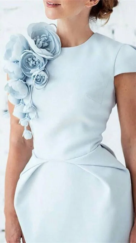 New Arrival Cap Sleeves Tea Length sky Blue evening Dress with Flowers Short Formal Occasion Party 2021 | Свадьбы и торжества