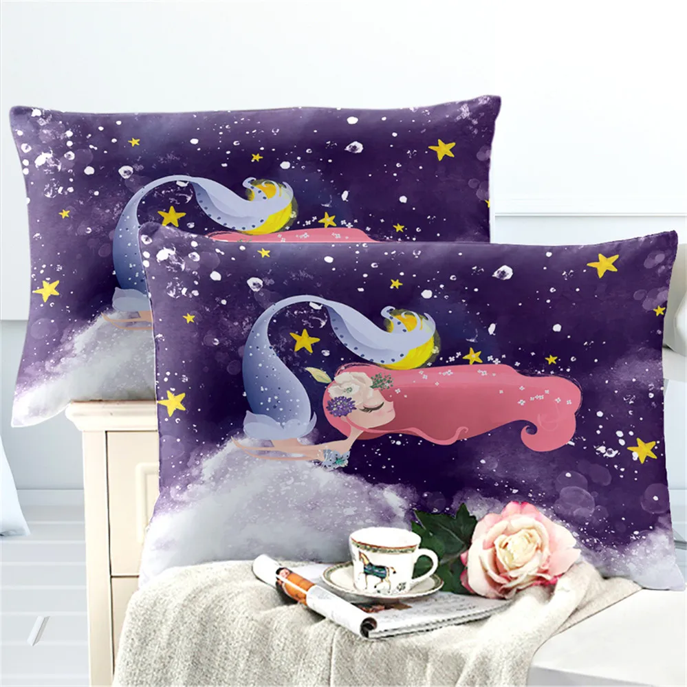 Cartoon Mermaid Bedding Set Girls Sweet Duvet Cover Purple Blue Wave Print Bed Festival Gift Bedclothes Home Decor D49 | Дом и сад