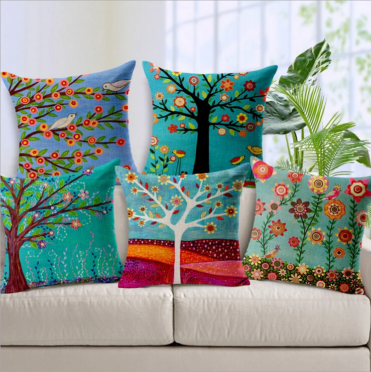 pink blue turquoise pillow case colorful flower tree cushion cover housse coussin chair funda cojin almofadas | Дом и сад