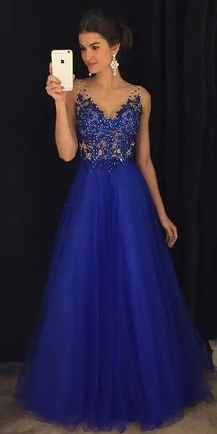 

New Sexy Double V-neck Prom Dress 2019 Floor Length Tulle Lace Applique A-line Beading Formal Evening Dress Robe de soiree longo