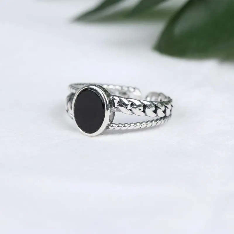 Форзац, 925 пробы, серебряные кольца для женщин, личность, Bblack, Агатовая цепочка, Femme, модное, хорошее ювелирное изделие, простое, Открытое кольцо, Винтаж - Цвет камня: 925 Sterling silver
