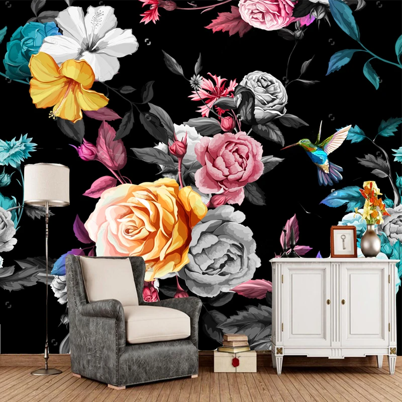 Большие обои птица-гуммин розы пион с листьями натуральный ландшафт Фреска для