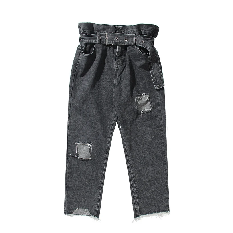 Retro High Rise Denim Pants Women Harem Capris Sash Tie Belt Ripped Holes Autumn Cuff Up Jeans IG Black Oversized Loose Trousers | Женская