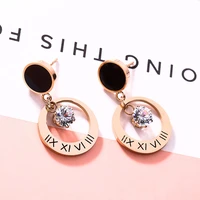 fashion top brand roman numerals round earrings titanium steel rose gold non fading zircon earring jewelry