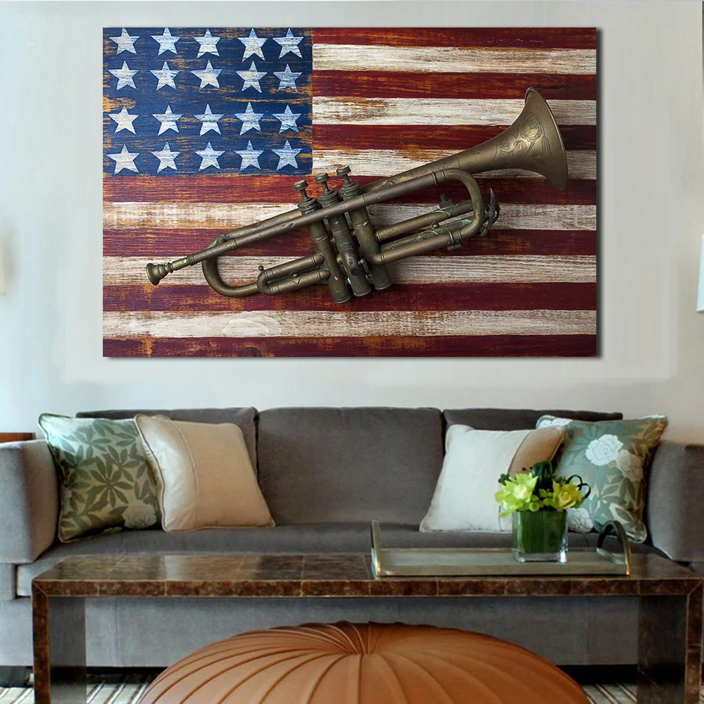 JQHYART Canvas Wall Art Old Trumpet On American Flag Photograph Painting Pictures For Living Room Home Decor No Frame | Дом и сад