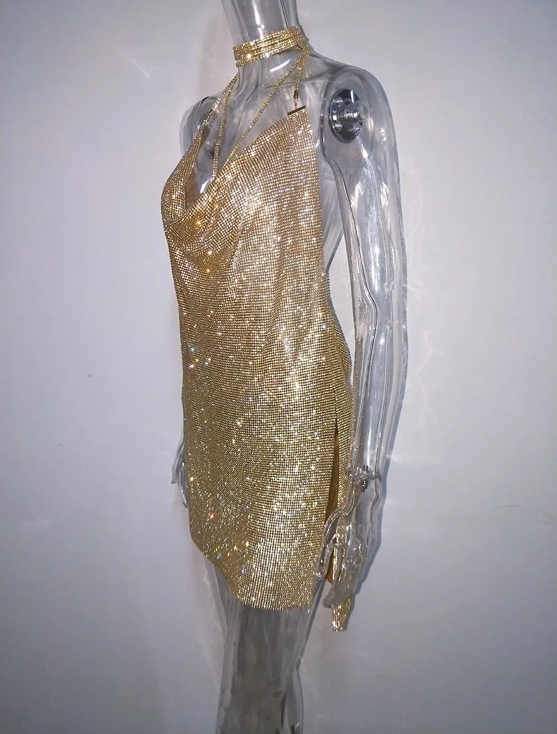 Barato Hecho A Mano Oro Plata Brillante Sexy Espalda Abierta Gargantilla Cuello Lentejuelas Vestido Glitter Lado Slit Diamante Vestido De Fiesta Club Nocturno Vestido