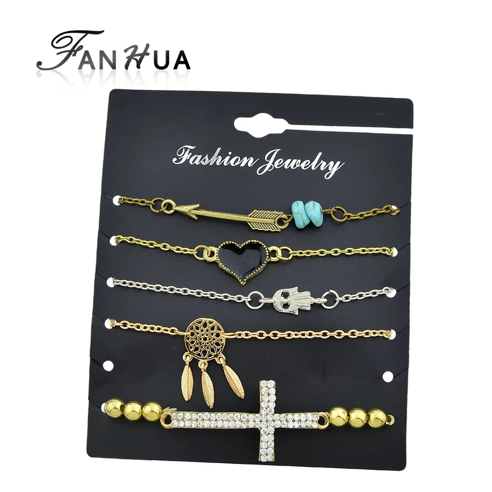 Fanhua 5 шт./компл. тибетские украшения Boho золото-Цвет серебро Цвет цепи сердце