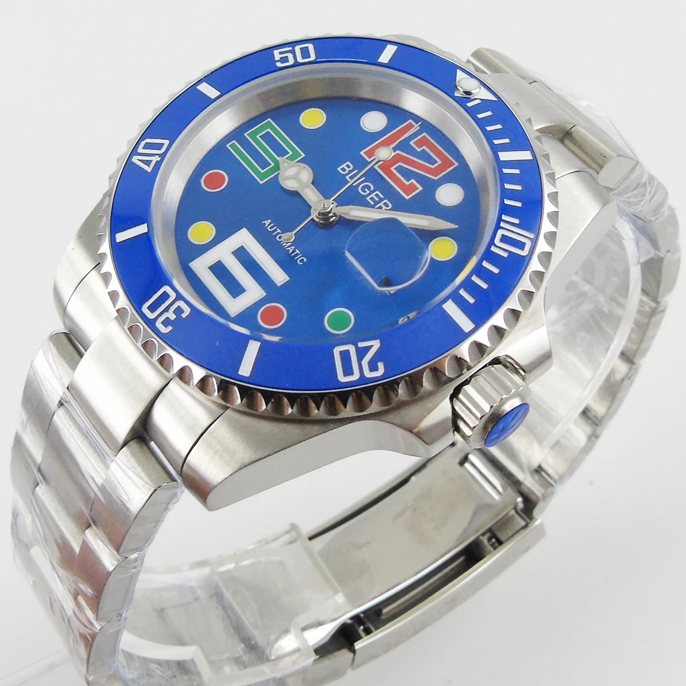 

40mm Bliger blue dial colorized mark sapphire date automatic movement mens watch