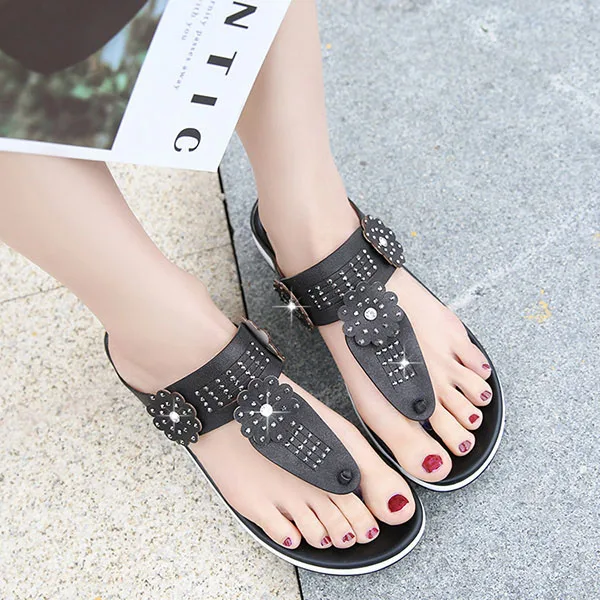 Летняя обувь на нескользящей платформе; женские модные Вьетнамки с цветочным принтом и кристаллами; пляжные женские сандалии; шлепанцы; женская обувь - Цвет: Черный