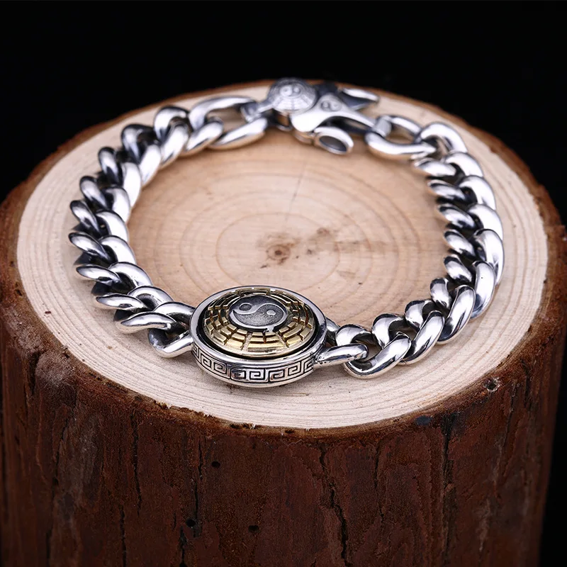 Gossip the eight trigrams bracelet Pure S95 sterling silver chunky cuban chain Spinner tai chi men's Fine Jewelry | Украшения и