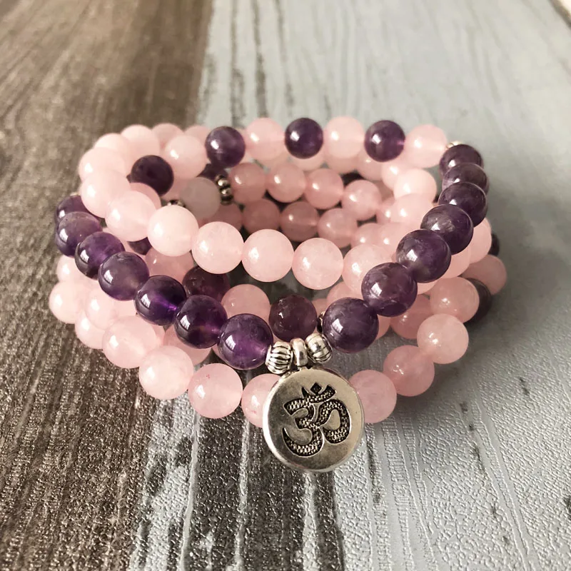 Женский браслет с розовым кварцем и аметистом розовый бусинами 108|bracelets for|pink