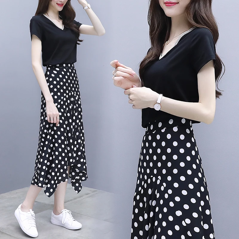 

New Women'S Summer Wear Two-Piece Long Skirts V-Neck Irregular Wave Point Print Skirt Suit Short Sleeves Top Blouse Vestidos