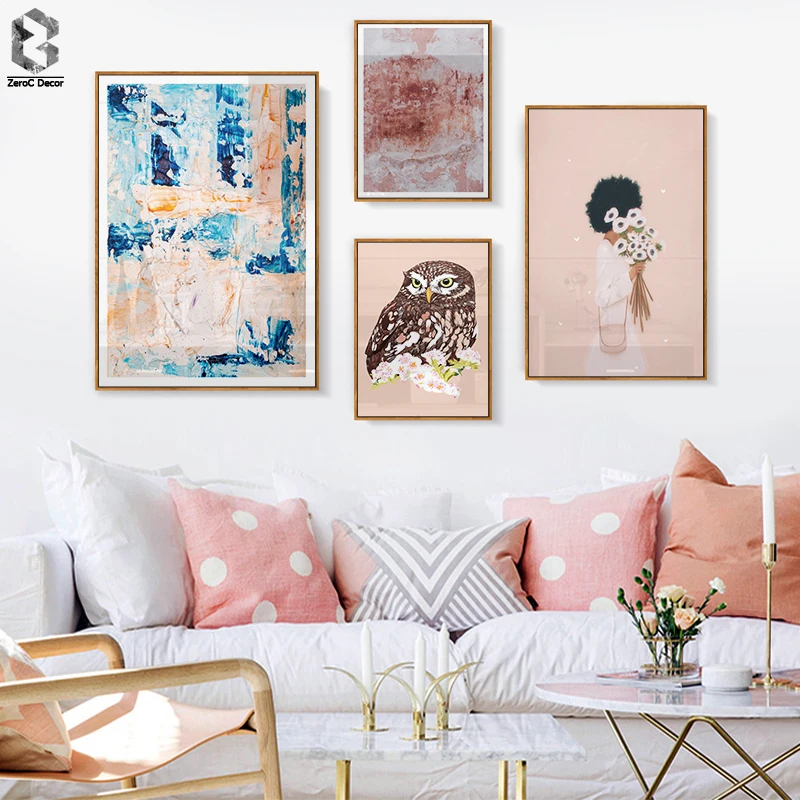 

Spanish Art Poster Owl Canvas Print Abstract Oil Painting Wall Picture Romantic Girl with Flower Prints for Living Room Decor