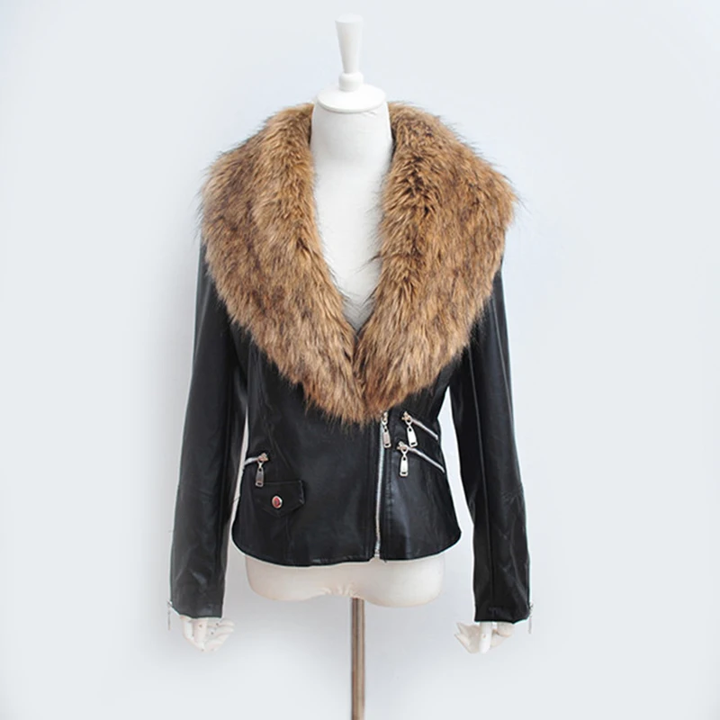 Motorcycle Jacket Top Quality Women Warm Winter Leather Fur Collar Zipper Short Waist Coat Overcoat Parkas Big Size XXXL Q4724 | Женская