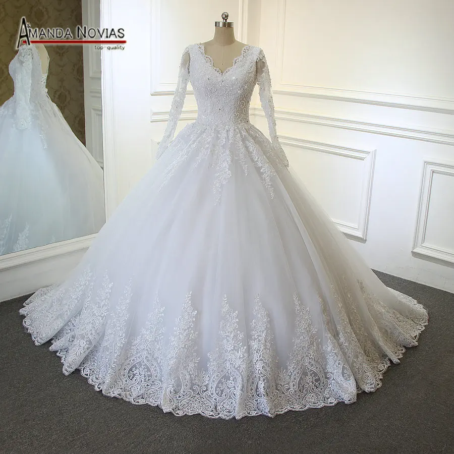 Свадебное платье с длинным рукавом Amanda Novias кружевное бальное аппликацией 2019|ball