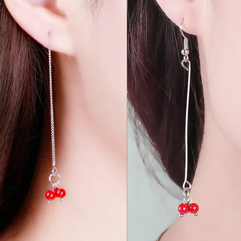 3 маленькие вишневые бусины длинная цепочка змейка и палочка красные черные