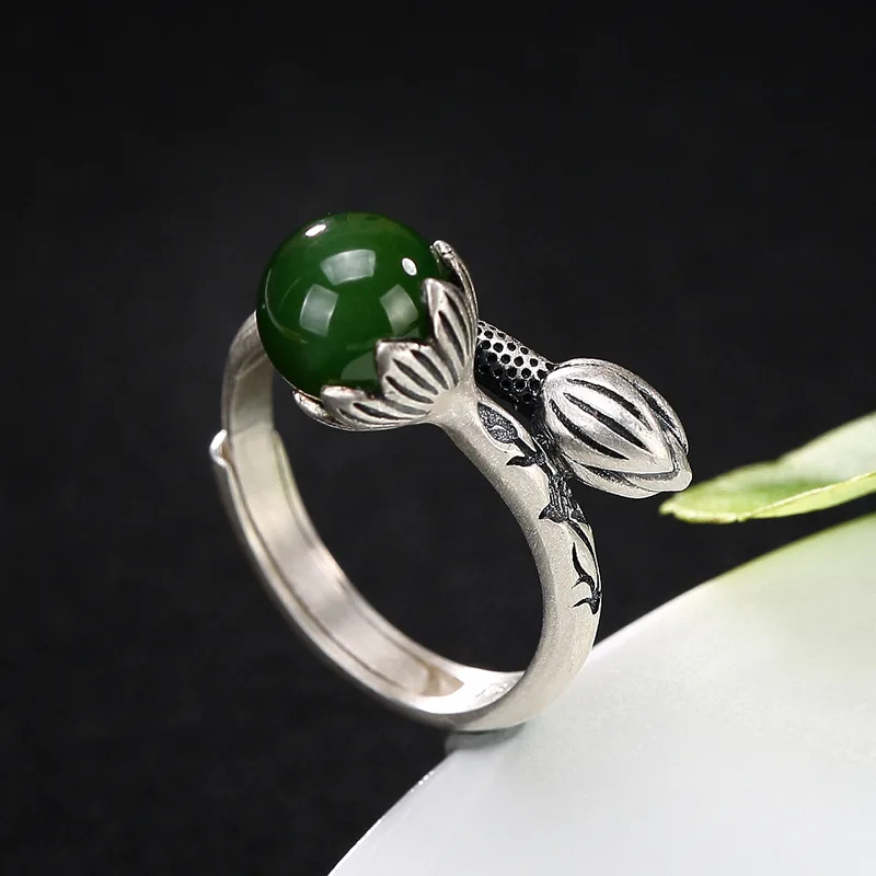 

Anel Feminino Real Women Party 2018 New S925 Pure Retro Natural Hetian Jasper Mosaic Bead Lotus Ring Wholesale Free Shipping