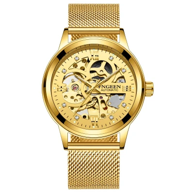 mesh gold FNGEEN автоматические часы мужские световой механические часы для мужчин лучший бренд класса люкс тонкие часы мужские сталь reloj hombre - Цвет: mesh gold