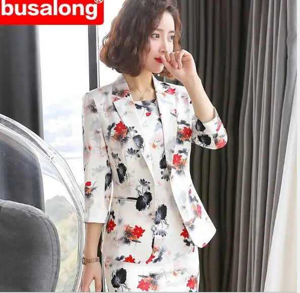 Женский офисный костюм из 2 предметов блейзер с длинным рукавом и юбка цветочным