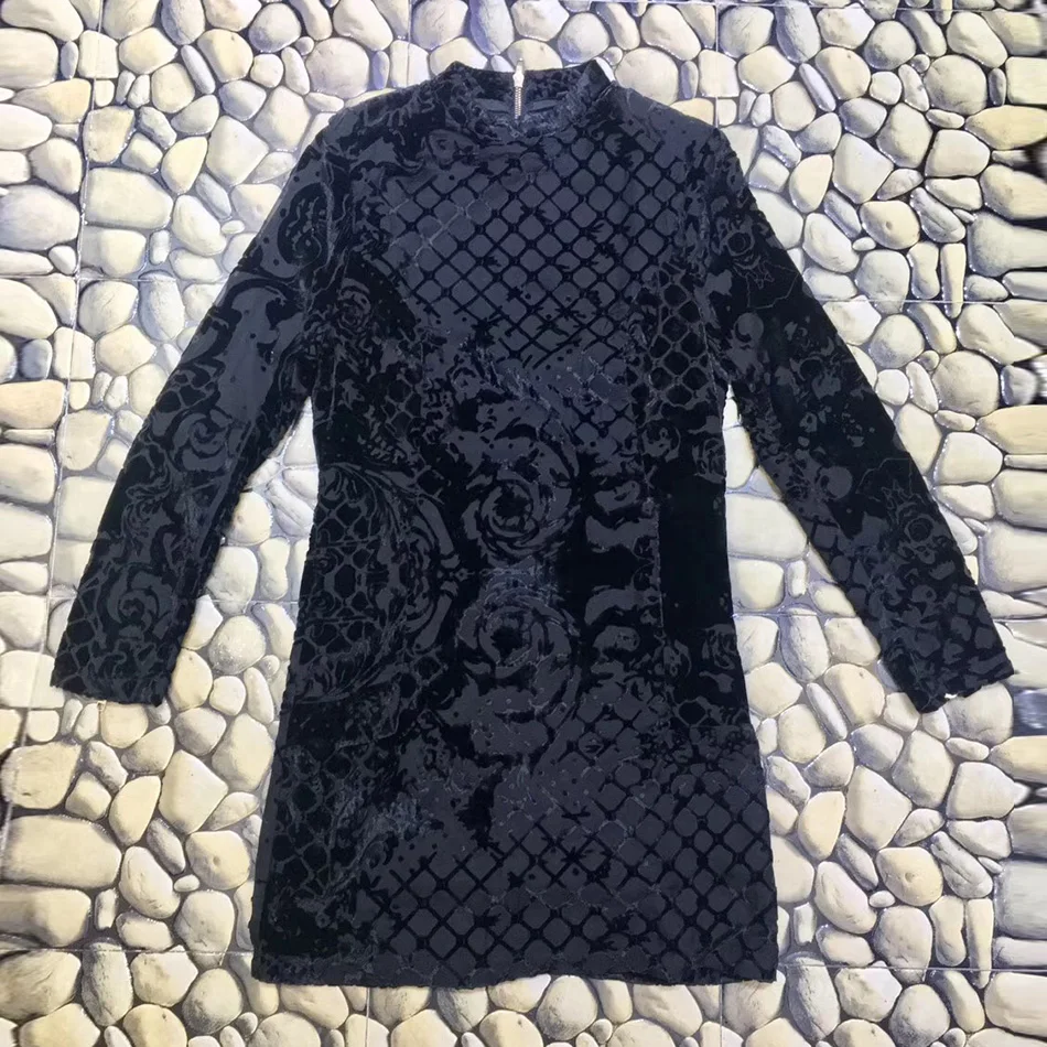 2021 Outono Новое Сексуальное Платье Das Mulheres Bodycon Luxo Veludo манга Longa Flor Stand Gola платье