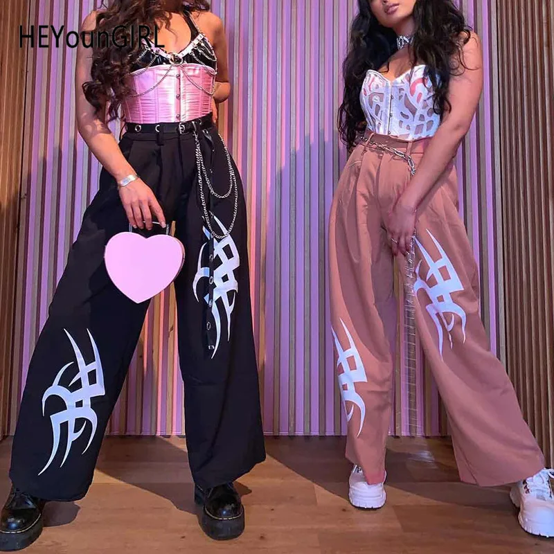 HEYounGIRL Harajuku, широкие брюки с высокой талией, женские черные повседневные штаны с принтом, розовые панковские спортивные штаны, уличная летняя одежда