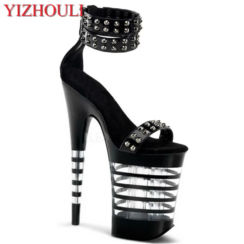 8-inch 20cm, black lacquered chic wedding heels, riveted sandals striped platform shoes