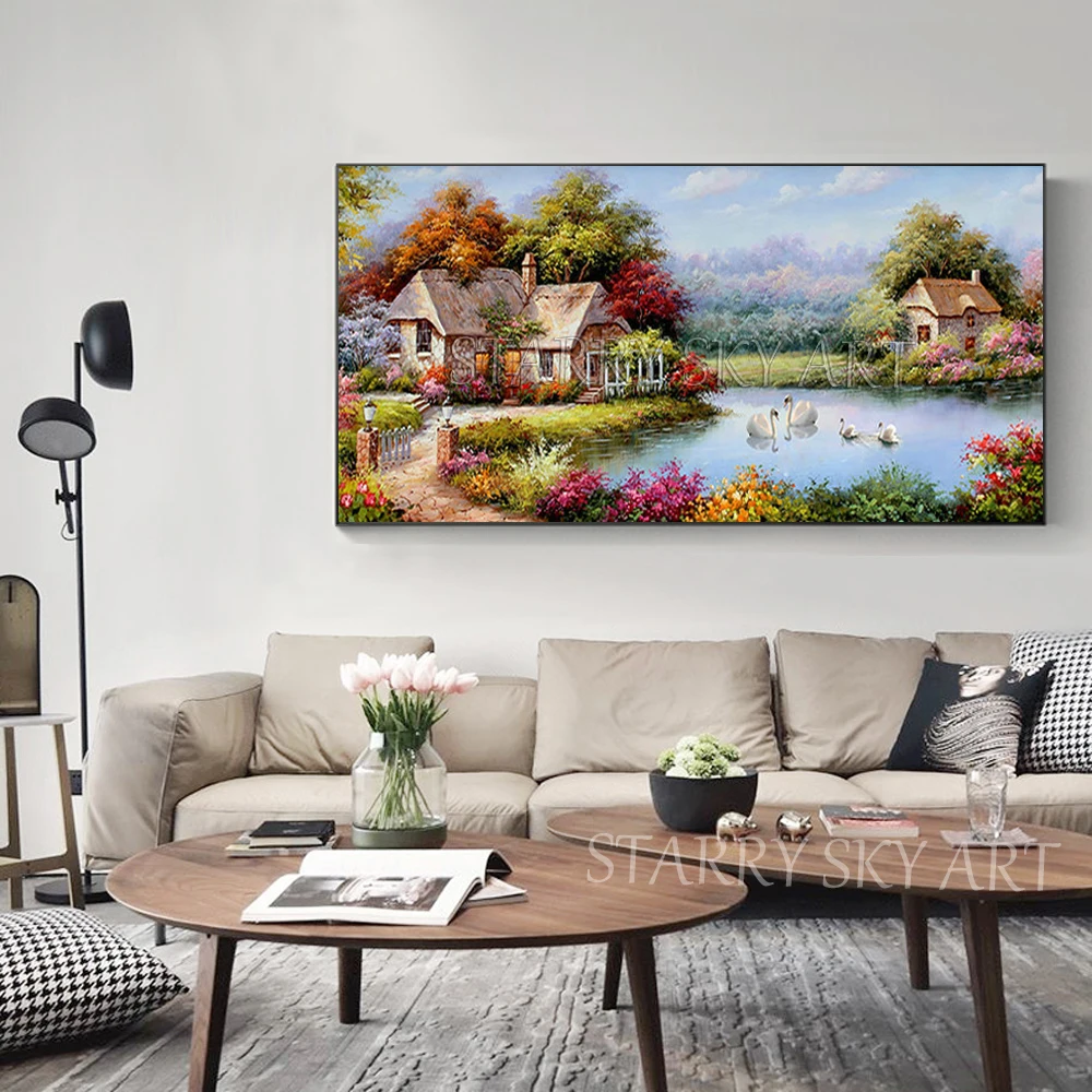 Kopen Luxe Muur Decor Kunstenaar Handgeschilderde Hoge Kwaliteit Europa Landschap Zwanen In Lake Olieverf Kleurrijke Landschap Olieverf