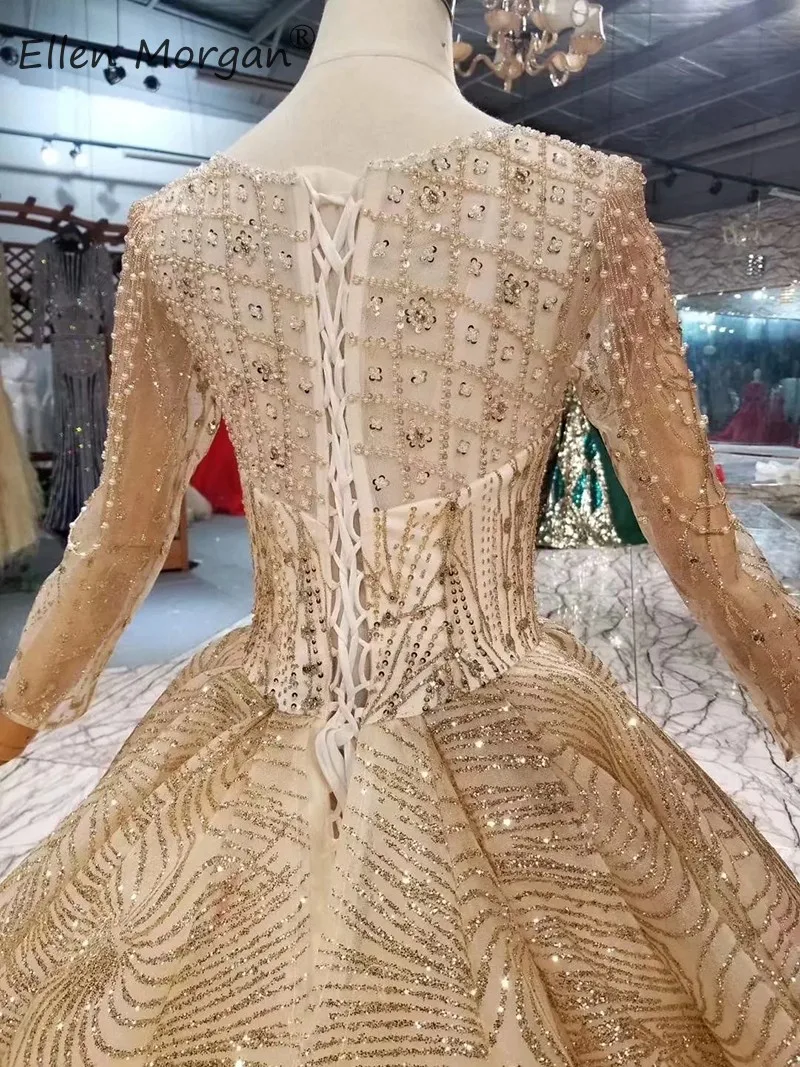 Luxury Glitter Vintage Gold Wedding Dresses Long Sleeves 2019 Sheer Boat Neck Sequins Beads Ball Gown Arabic Bride Gowns | Свадьбы и